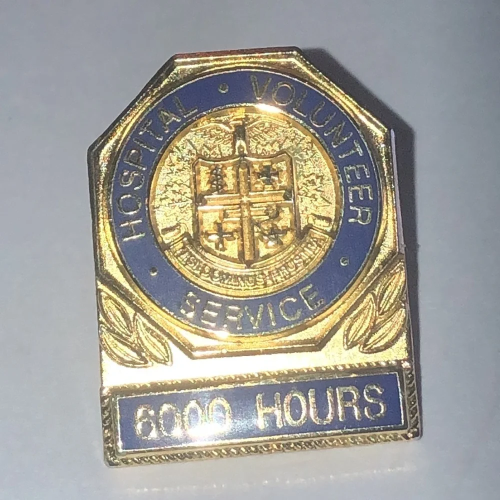 Gold Tone and Blue Hospital Volunteer Service 6000 Hours Vintage Pin
